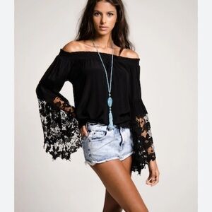 muche & muchette  silk blend one size lace crochet top blouse off shoulder blue